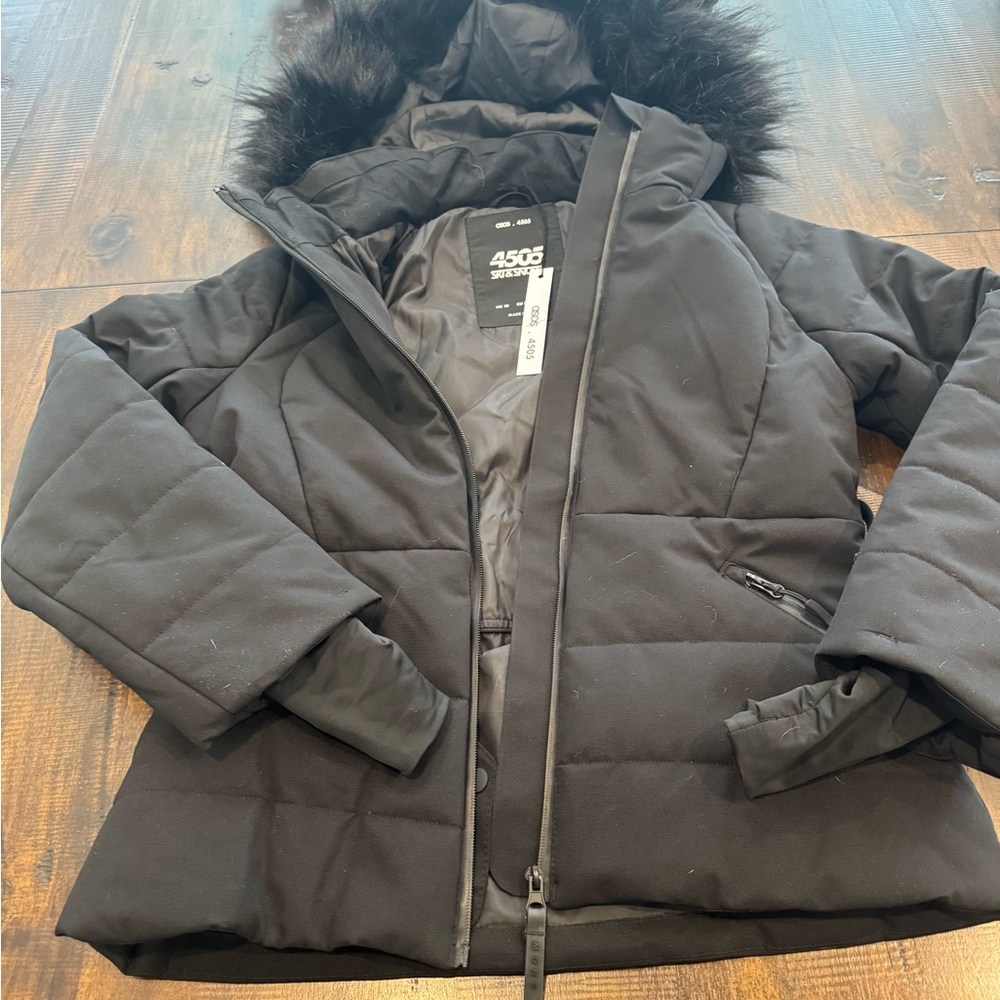 ASOS 4505 Black Ski jacket ~Fur hood with belted waist! ~Size 6 Petite! Gorgeous - Picture 2 of 15